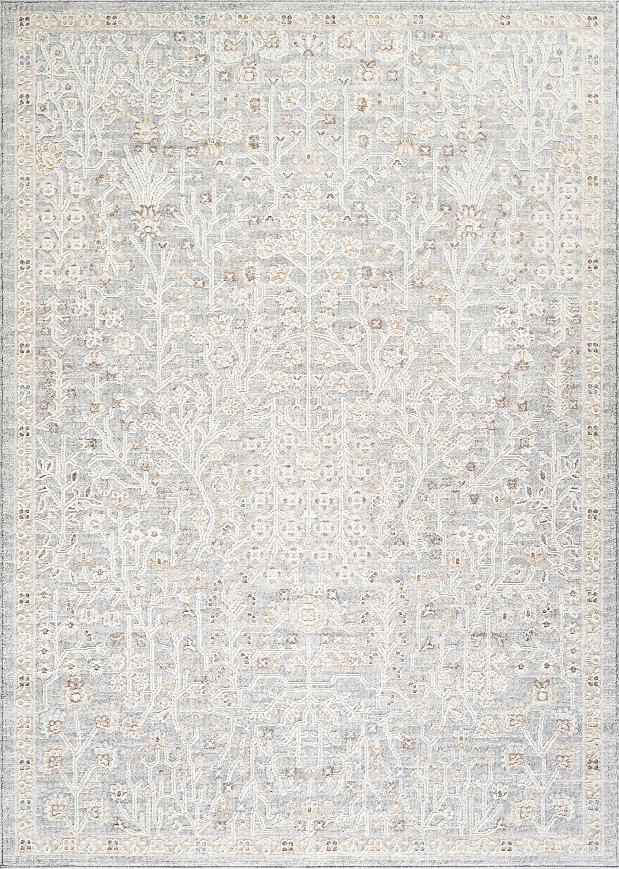 Vera Light Grey Cream Vintage Floral Botanical Rug: 5'3" x 7'6"
