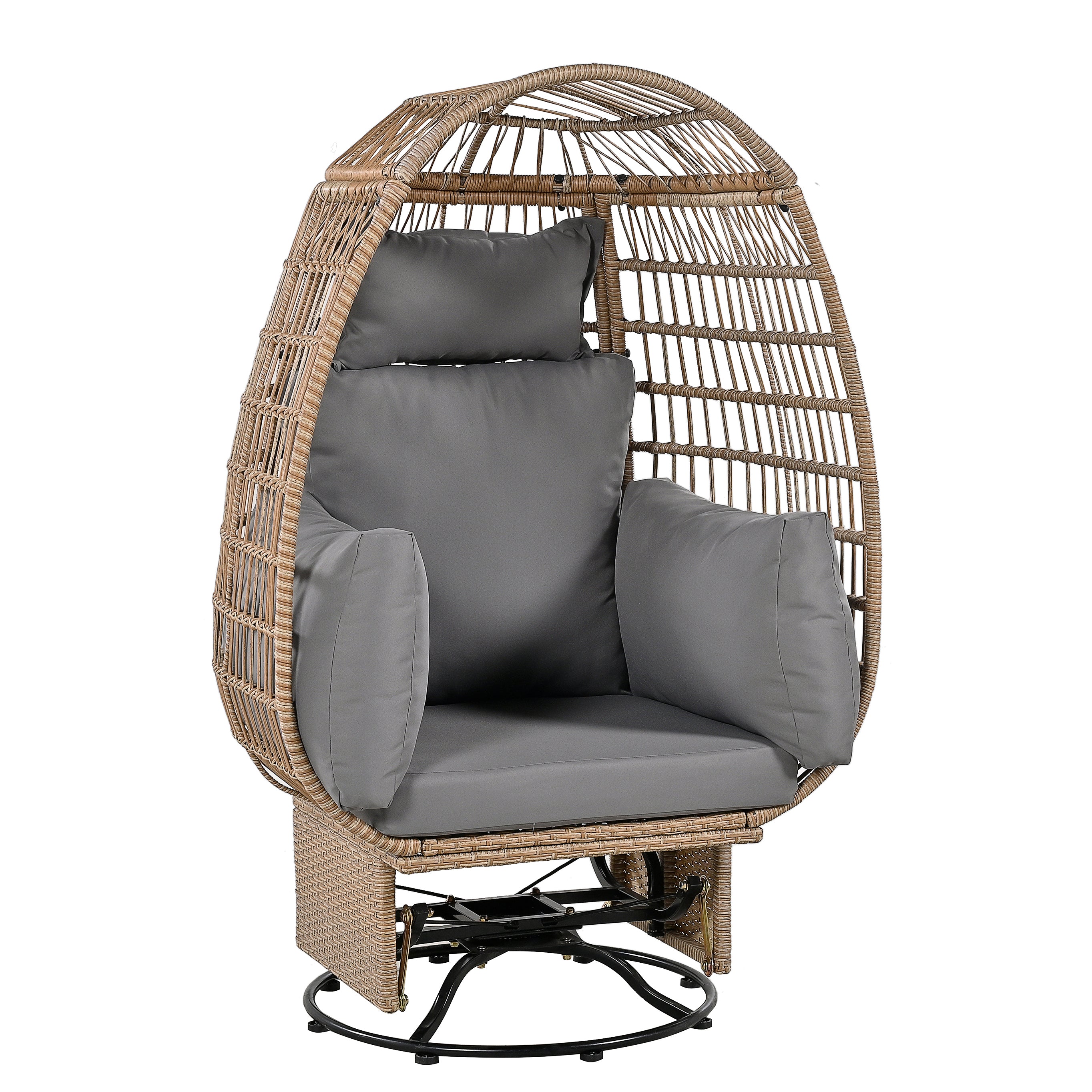 TREXM Outdoor Swivel Chair with Cushions, Rattan Egg Patio Chair with Rocking Function for Balcony, Poolside and Garden (Natural Wicker + Grey Cushion)