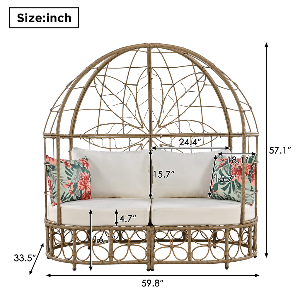 GO 59.8" Daybed Outdoor Sunbed With Colorful Pillows, Wicker Patio Daybed With Curtain, Floral Pattern, Natural Wicker, Beige Cushion