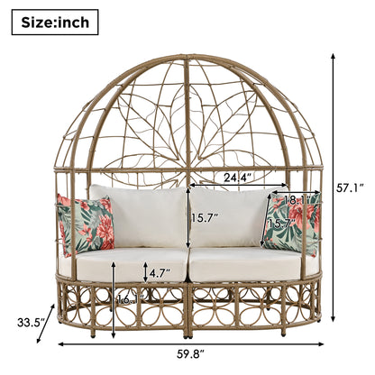 GO 59.8" Daybed Outdoor Sunbed With Colorful Pillows, Wicker Patio Daybed With Curtain, Floral Pattern, Natural Wicker, Beige Cushion