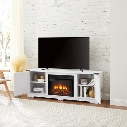 Modern Farmhouse TV Media Stand, Large Barn Inspired Home Entertainment Console, with 23" Fireplace Insert, for TV Up to 70'', with Open Shelves and Closed Cabinets, White, 64.8"W*15.67"D*24.29"H