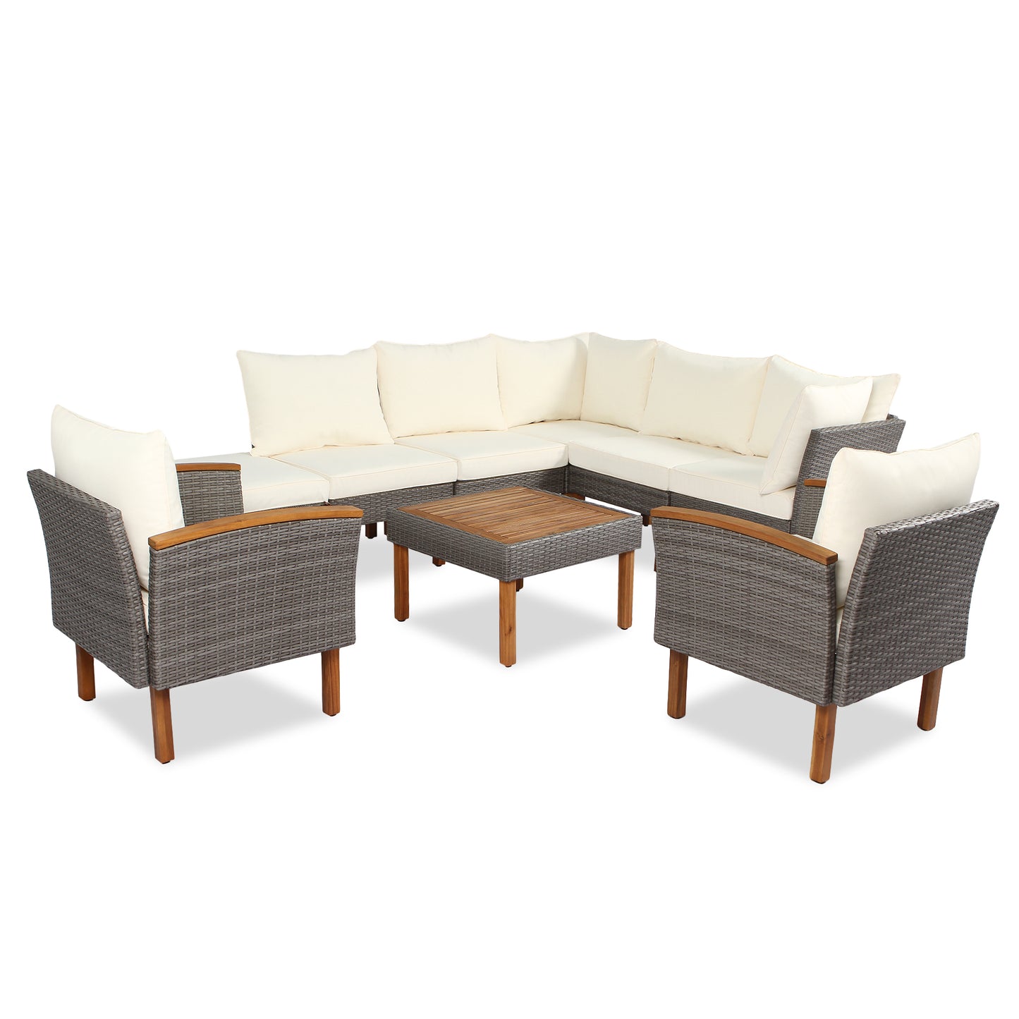 GO 9-Piece Patio Rattan Furniture Set, Outdoor Conversation Set With Acacia Wood Legs and Tabletop, PE Rattan Sectional Sofa Set with Coffee Table, Washable Cushion, Beige