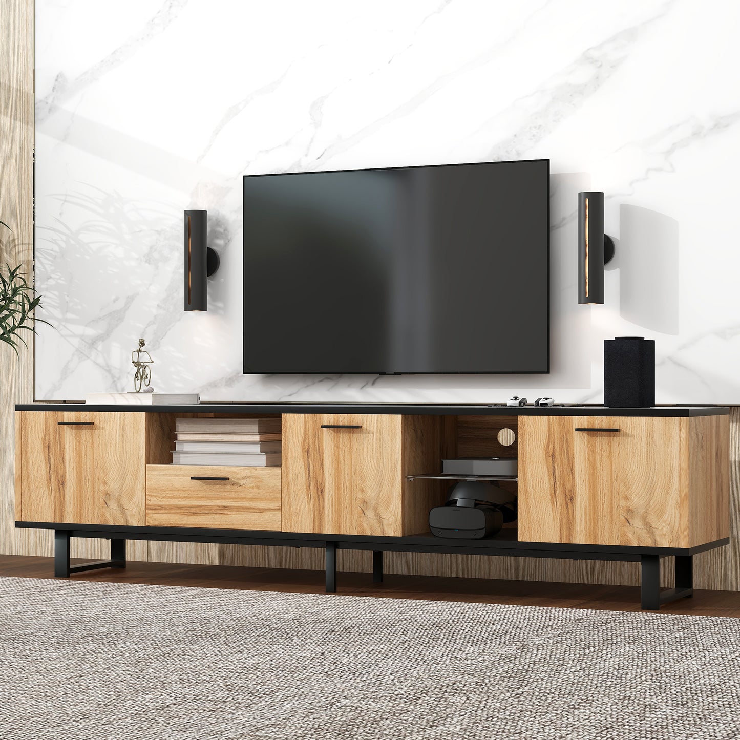 Modern TV Stand with 4 Cabinets& Open Shelves, Color-matching Media Console Table for TVs up to 80'', Entertainment Center with Drop Down Door for Living Room, Bedroom, Home Theatre