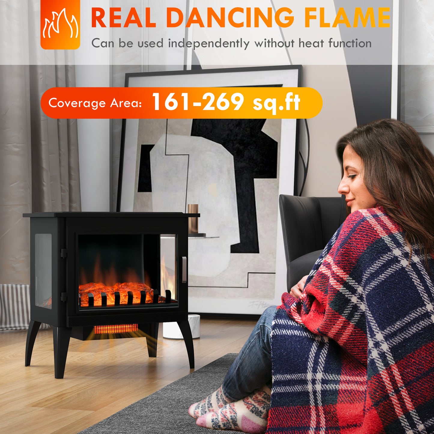 24" Electric Fireplace Stove, Freestanding Infrared Fire Place Heater with Realistic Logs Flame, Adjustable Temperature, Overheat Protection, 1000W/1500W, Black