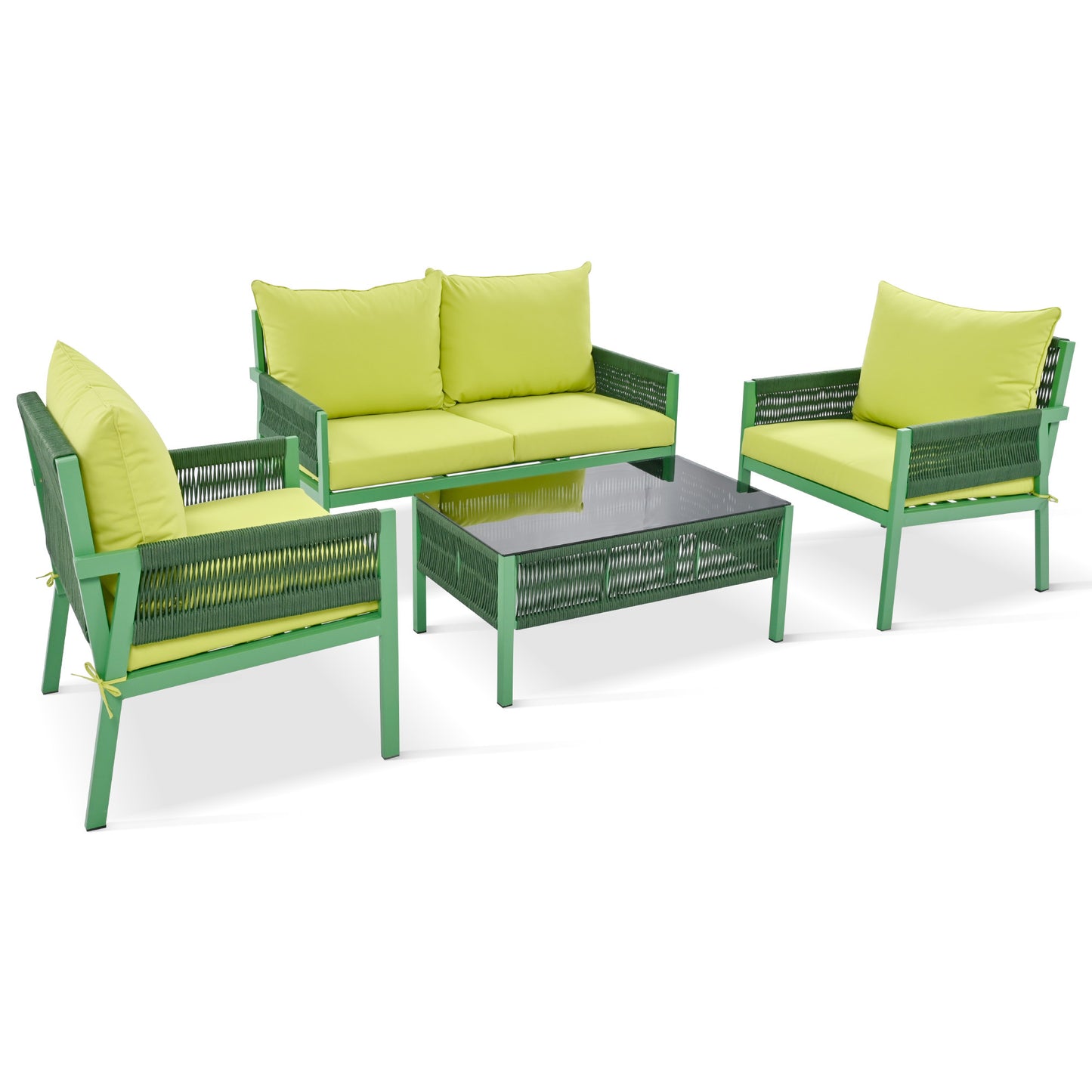 Rope Patio Furniture Set, Outdoor Furniture with Tempered Glass Table, Patio Conversation Set Deep Seating with Thick Cushion for Backyard Porch Balcony (Fluorescent Yellow & Green)