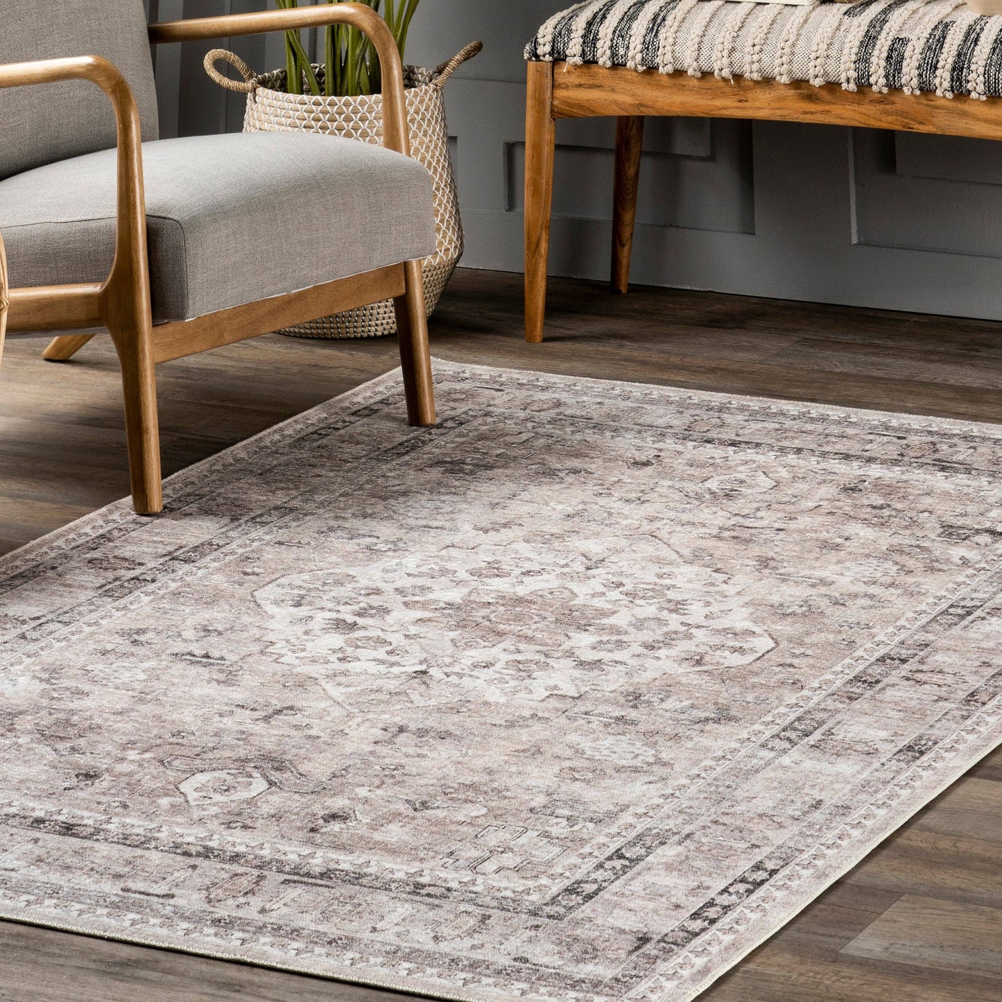 Davi Faded Stain-Resistant Machine Washable Area Rug: Taupe / Rectangle / 5' x 8'