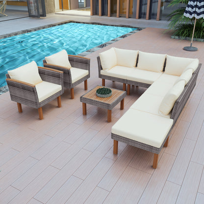 GO 9-Piece Patio Rattan Furniture Set, Outdoor Conversation Set With Acacia Wood Legs and Tabletop, PE Rattan Sectional Sofa Set with Coffee Table, Washable Cushion, Beige