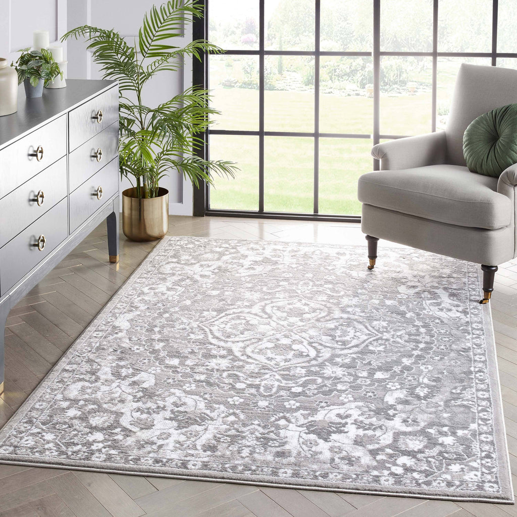 Granada Transitional Oriental Medallion Pattern Grey Rug: 5'3" x 7'3"