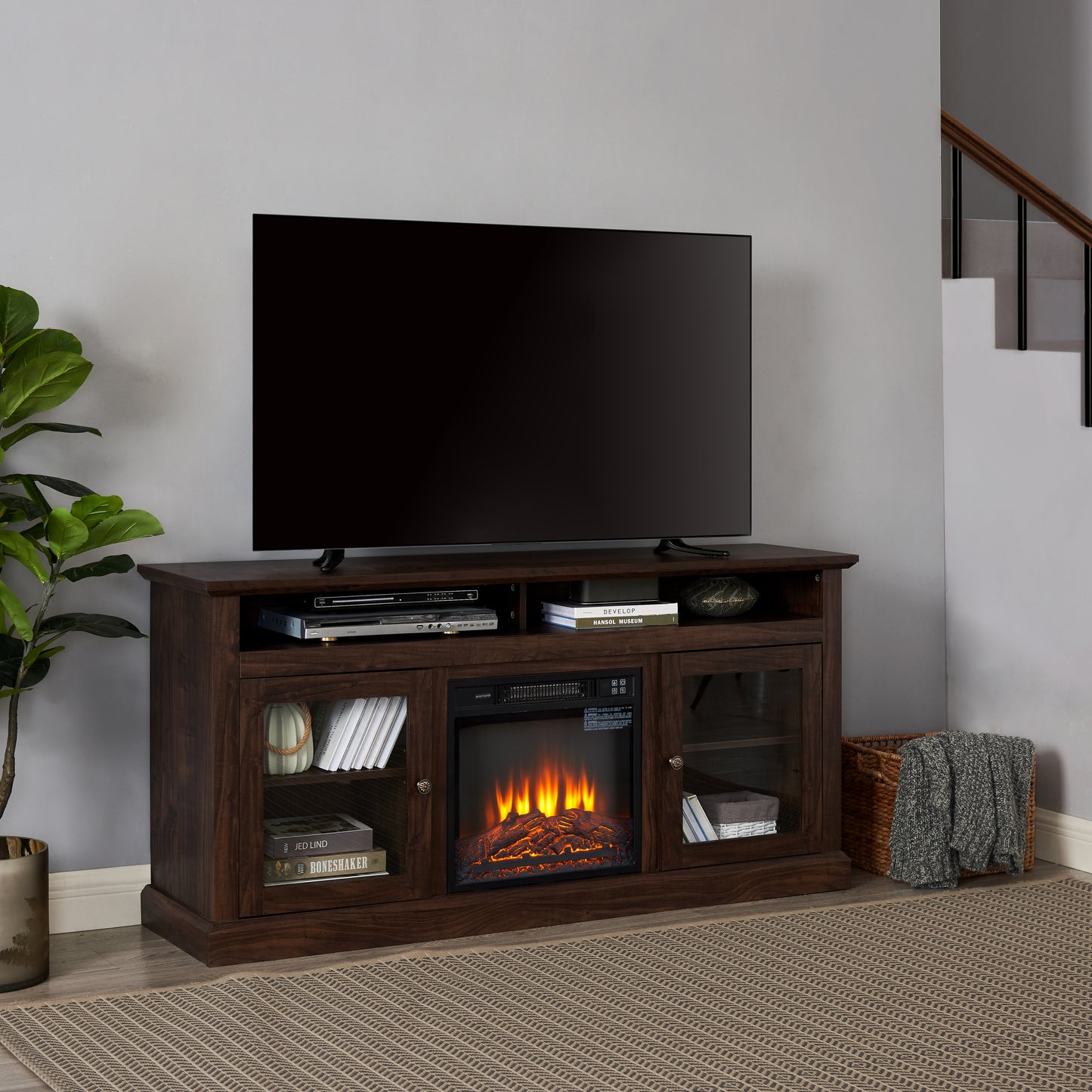 TV Stand for 65 inch TV, Entertainment Center with 18" Fireplace Insert TV Console Cabinet for Living Room/Bedroom Brown, 60"W*15.75"D*29"H