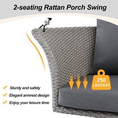 GO 51.9" 2-Person Hanging Seat, Rattan Woven Swing Chair, Porch Swing With Ropes,  Gray Wicker And Cushion