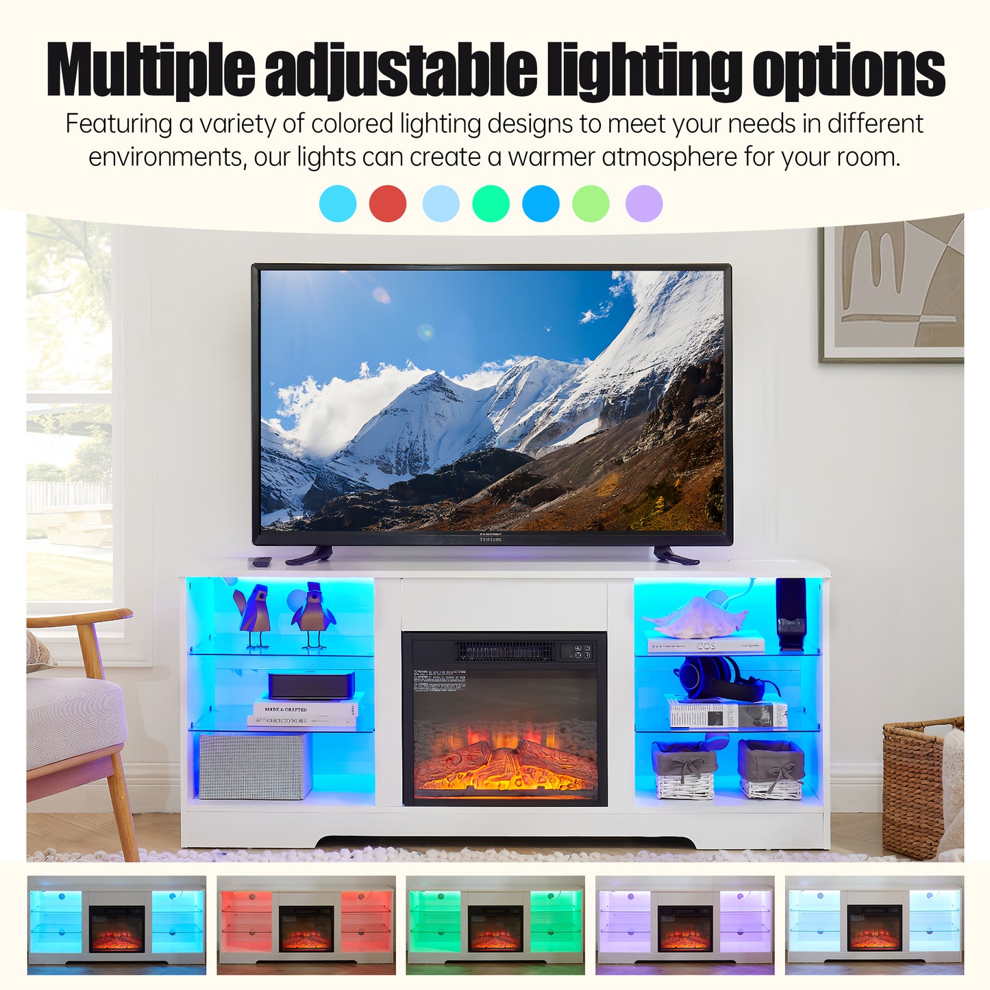 TV Stand Electric Fireplace TV Stand with Glass Shelves, 3D Fireplace TV Stand with LED Lights Wood with USB Charging Outlet Modern Television Table Center for TV up to 32-62" White 58''W*15.5''D*24.4