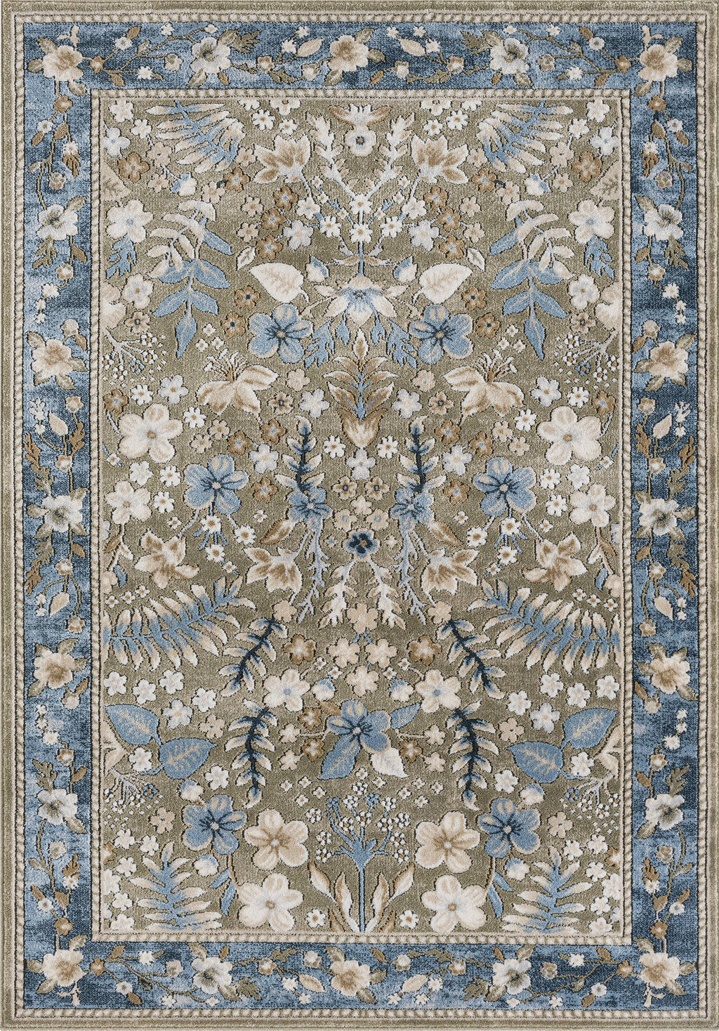 Savoy Traditional Blue Beige Botanical Floral Vintage Rug: 5'3" x 7'6"