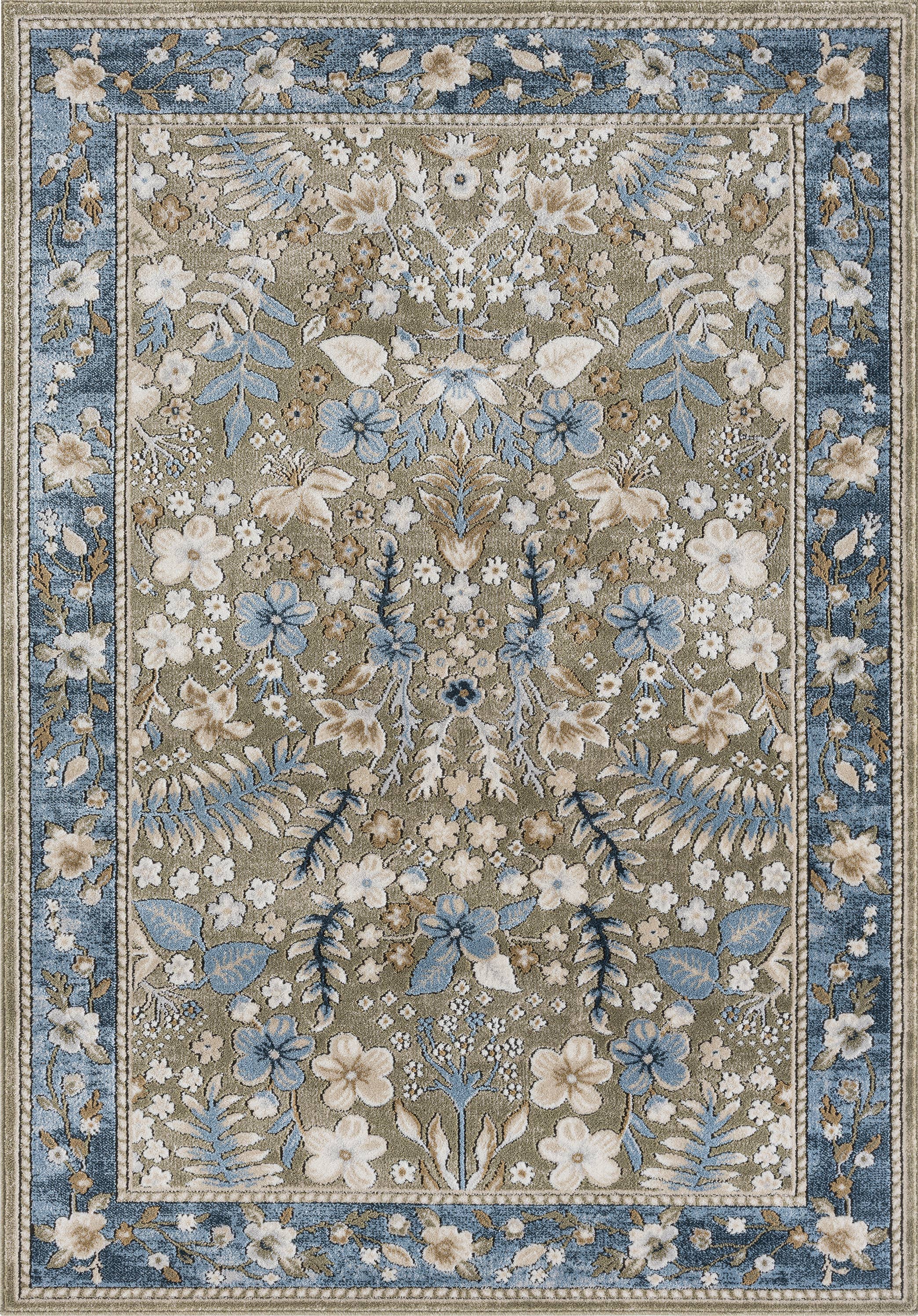 Savoy Traditional Blue Beige Botanical Floral Vintage Rug: 5'3" x 7'6"