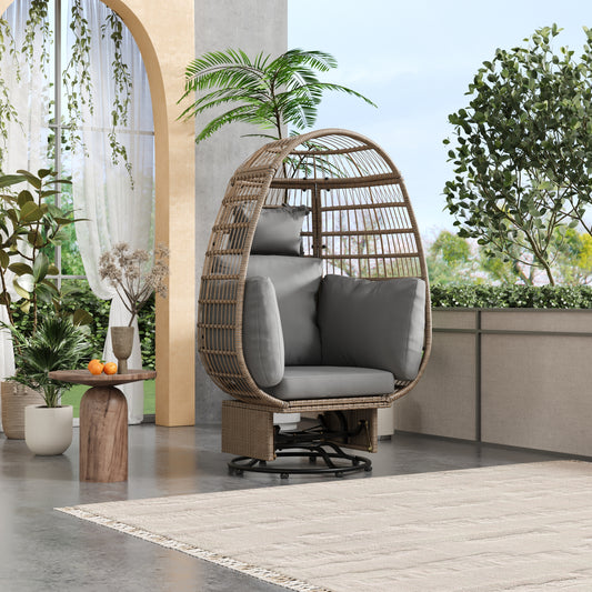 TREXM Outdoor Swivel Chair with Cushions, Rattan Egg Patio Chair with Rocking Function for Balcony, Poolside and Garden (Natural Wicker + Grey Cushion)