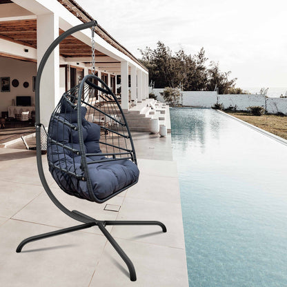 Swing Egg Chair with Stand Indoor Outdoor Wicker Rattan Patio Basket Hanging Chair with C Type bracket , with cushion and pillow,Patio Wicker folding Hanging Chair( Special construction cup holder