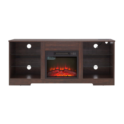 TV Stand Electric Fireplace  Glass Shelves, 3D Fireplace TV Stand with LED Lights Wood with USB Charging Outlet Modern Television Table Center for TV up to 62" ESP, 58''W*15.5''D*24.4