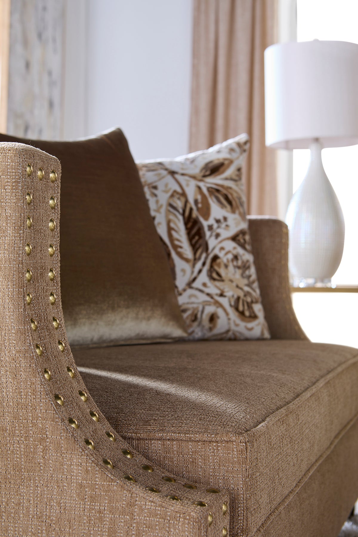 Simone Flax Gold Nailhead Sofa and Loveseat