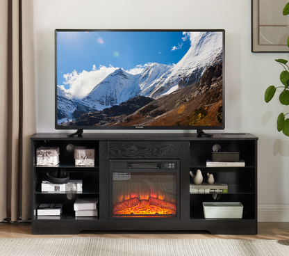 TV Stand Electric Fireplace  Glass Shelves, 3D Fireplace TV Stand with LED Lights Wood with USB Charging Outlet Modern Television Table Center for TV up to 62" Black 58''W*15.5''D*24.4