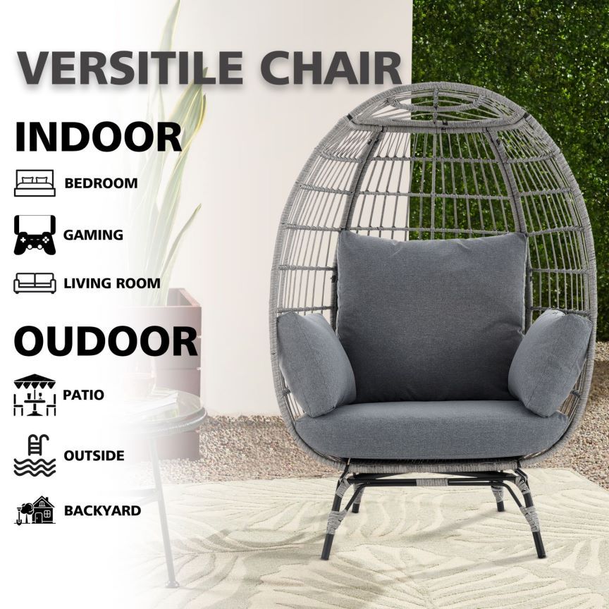 Large Outdoor Egg Chair, Indoor Patio Wicker Basket Chair with Cushion, Rattan Egg Chairs for Bedroom, Outside, Balcony,Grey