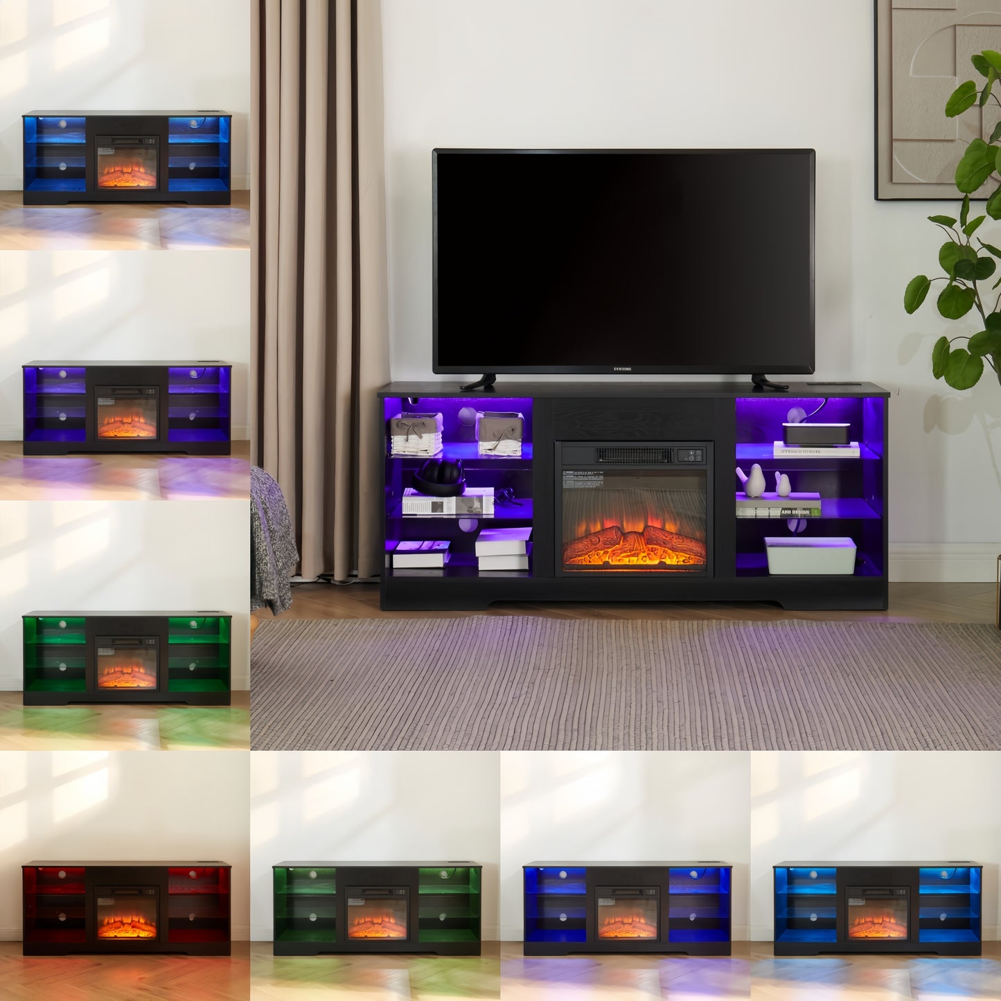 TV Stand Electric Fireplace  Glass Shelves, 3D Fireplace TV Stand with LED Lights Wood with USB Charging Outlet Modern Television Table Center for TV up to 62" Black 58''W*15.5''D*24.4