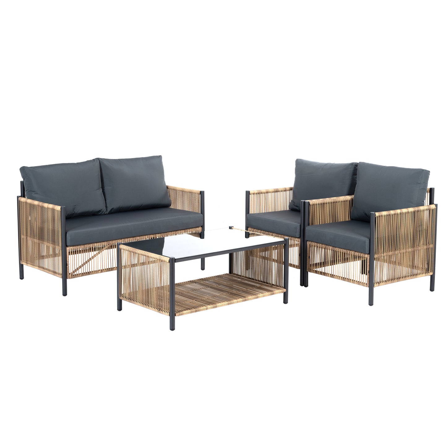 Patio 4 Pieces Brown PE Wicker Sofa Set with Grey Cushion