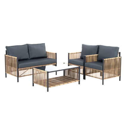 Patio 4 Pieces Brown PE Wicker Sofa Set with Grey Cushion