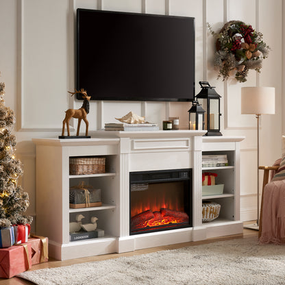 Media Console Table with Large Storage Cabinet, with 23" Fireplace Insert, for TV Up to 70'', Modern TV Media Entertaionment Stand, White, 65.75"W*17"D*32.48"H