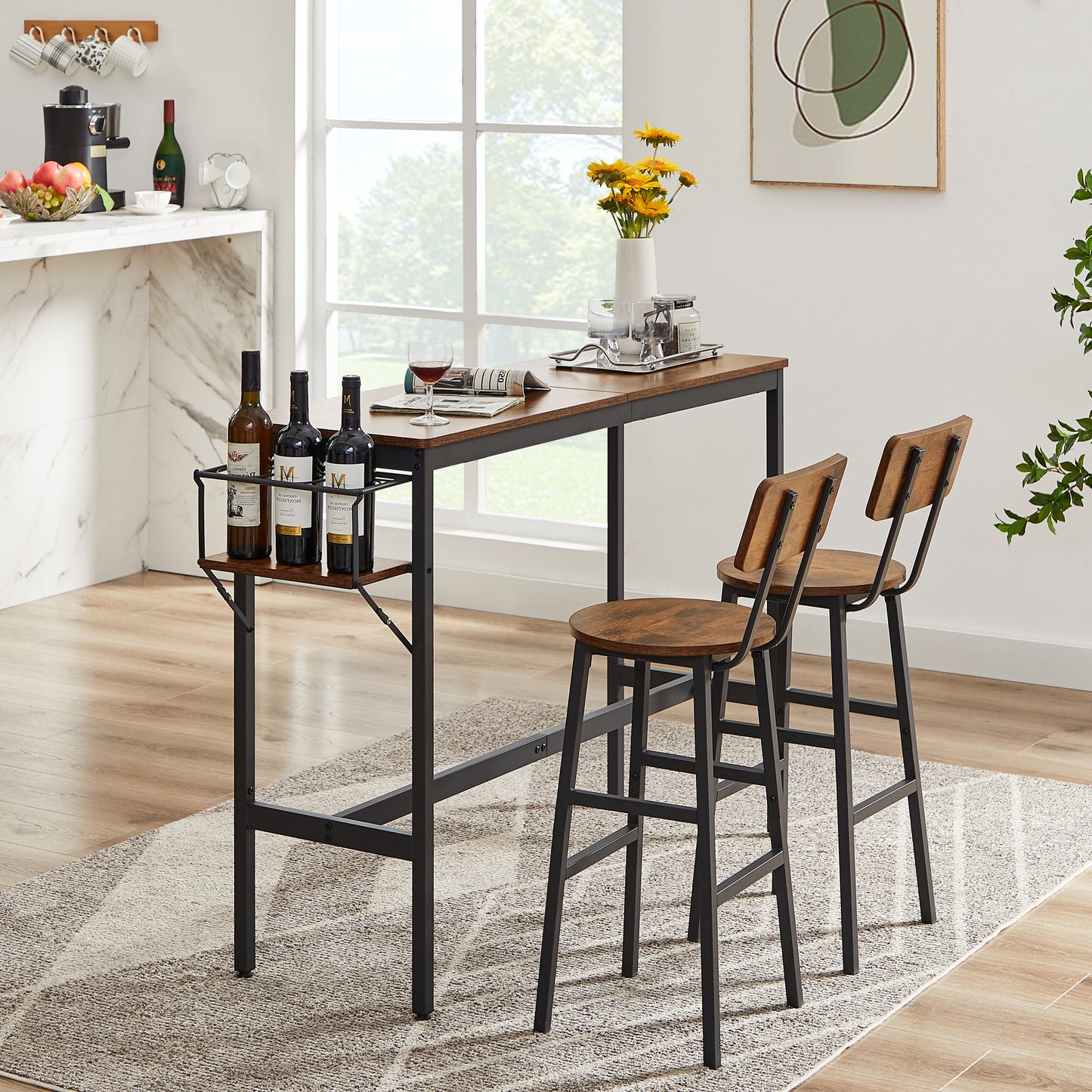 Bar Table Set with wine bottle storage rack. Rustic Brown, 47.24'' L x 15.75'' W x 35.43'' H.