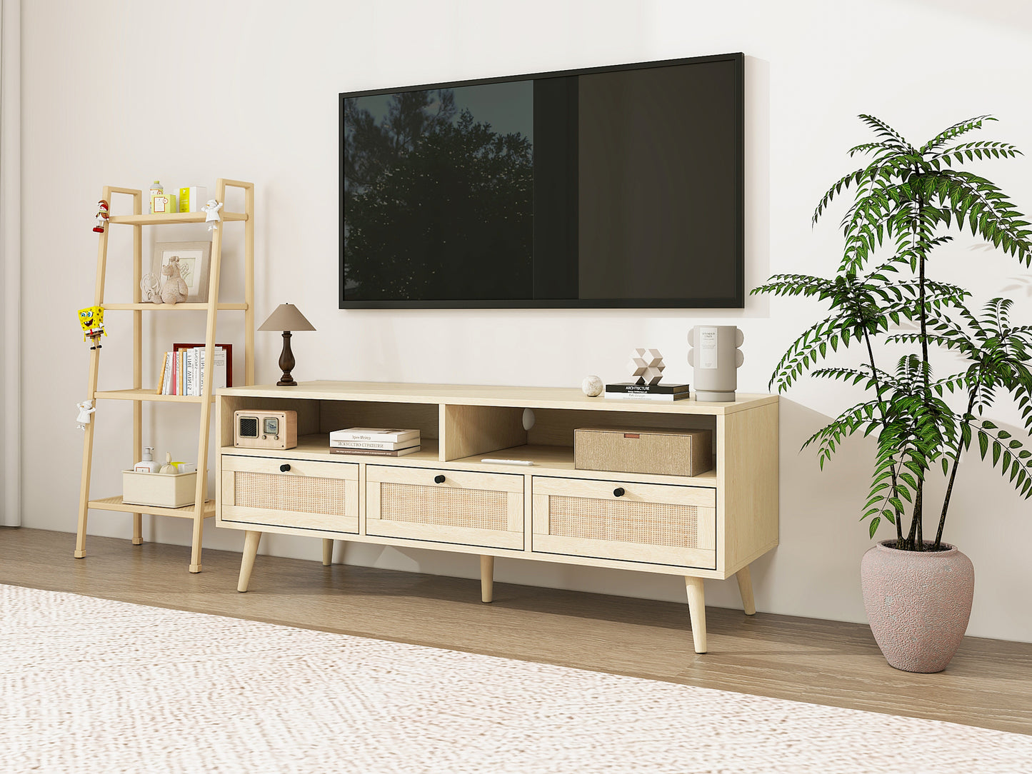 Rattan TV Stand with Solid Wood Feet, TV Console Table for Living Room, Natural