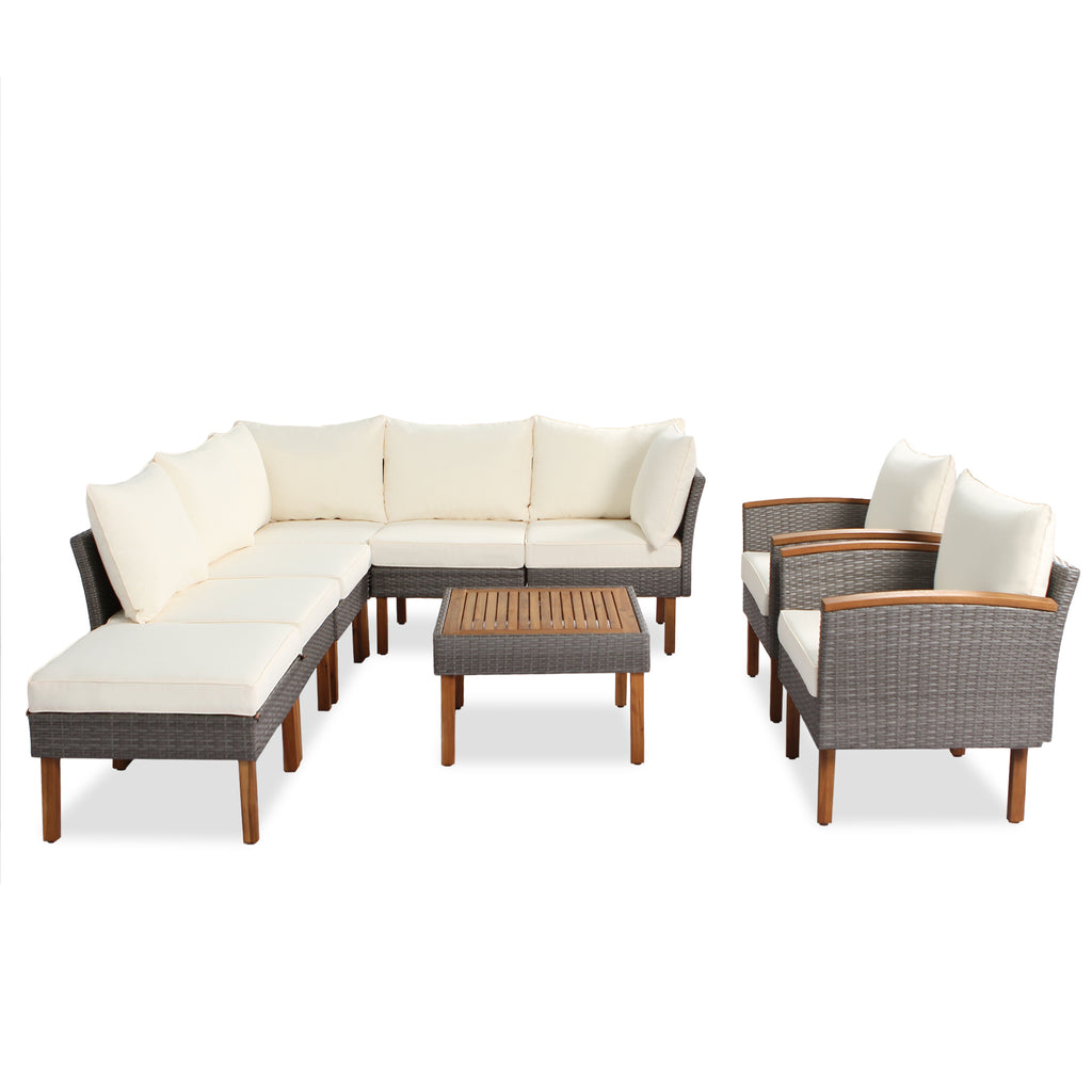 GO 9-Piece Patio Rattan Furniture Set, Outdoor Conversation Set With Acacia Wood Legs and Tabletop, PE Rattan Sectional Sofa Set with Coffee Table, Washable Cushion, Beige