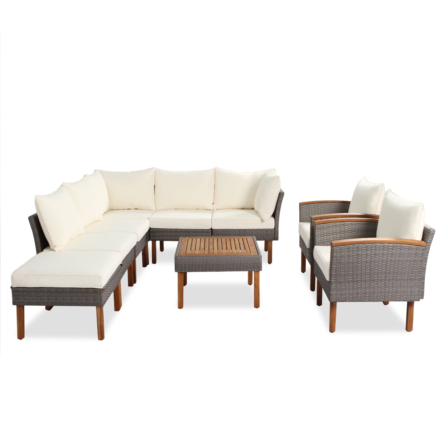 GO 9-Piece Patio Rattan Furniture Set, Outdoor Conversation Set With Acacia Wood Legs and Tabletop, PE Rattan Sectional Sofa Set with Coffee Table, Washable Cushion, Beige