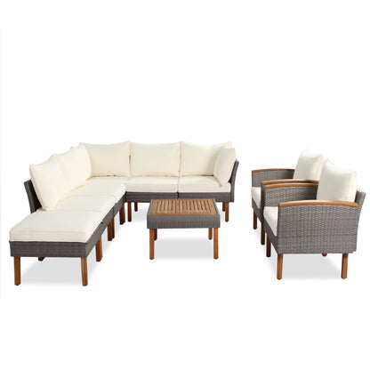 GO 9-Piece Patio Rattan Furniture Set, Outdoor Conversation Set With Acacia Wood Legs and Tabletop, PE Rattan Sectional Sofa Set with Coffee Table, Washable Cushion, Beige