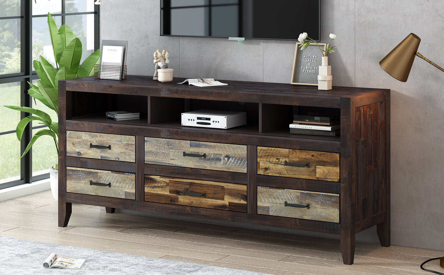 U-Can Retro Distressed Wooden TV Stand for TVs up to 65 Inches, Entertainment Center Media Console with 6 Drawers and 3 Shelves for Living room, Brown