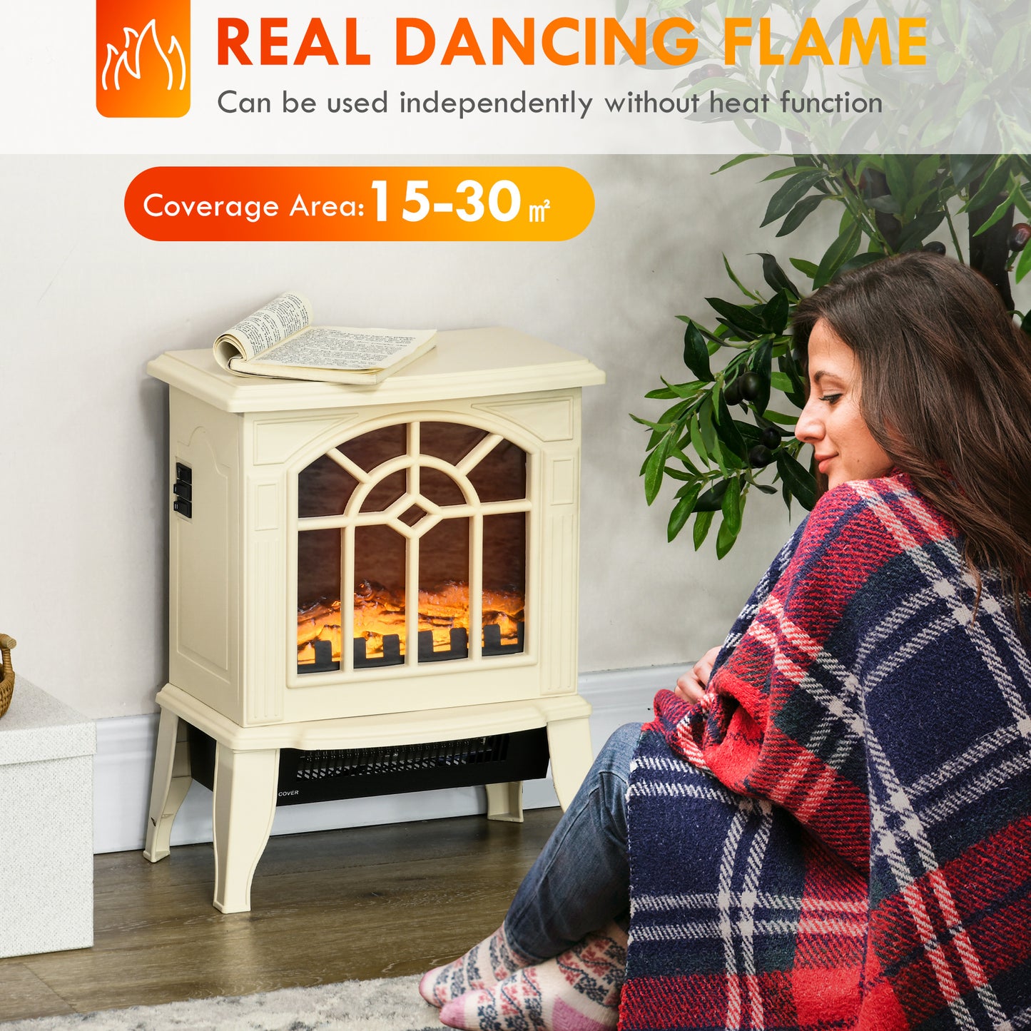 HOMCOM 18" Electric Fireplace Heater, Freestanding Fire Place Stove with Realistic LED Flames and Logs, Overheating Protection, 750W/1500W, Cream White