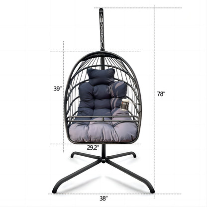 Swing Egg Chair with Stand Indoor Outdoor Wicker Rattan Patio Basket Hanging Chair with C Type bracket , with cushion and pillow,Patio Wicker folding Hanging Chair( Special construction cup holder