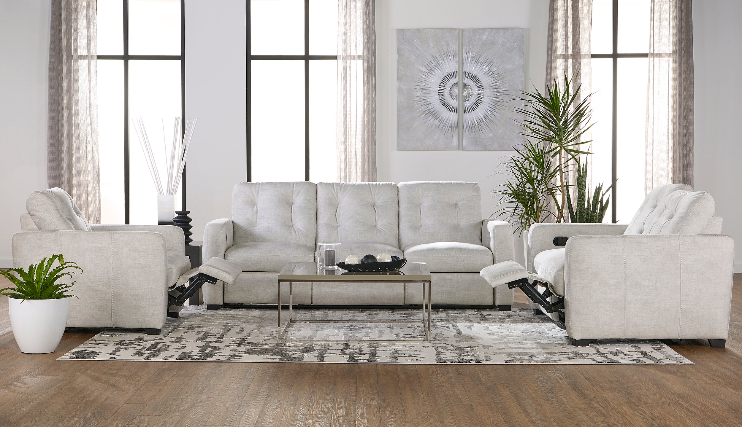 Sheath Ivory Reclining Sofa and Reclining Loveseat