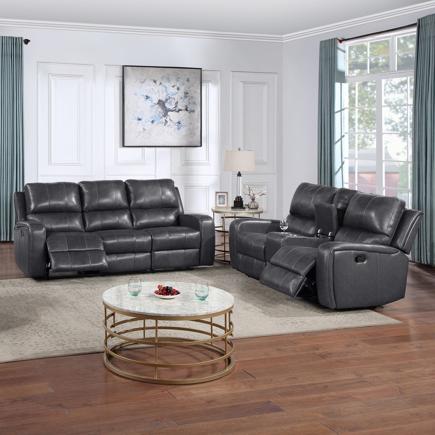 Linton Gray Leather Reclining Sofa and Loveseat