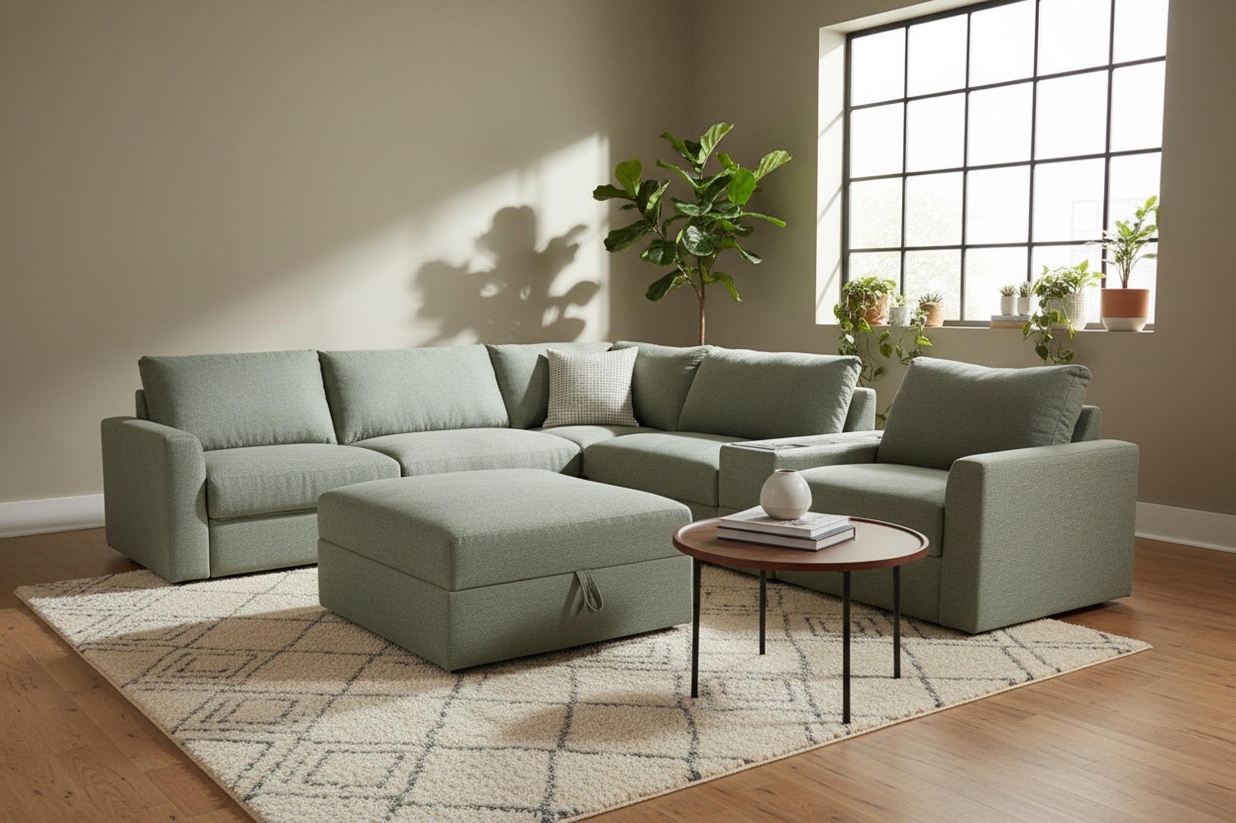 Modular Power Reclining Pottery Green Sectional with Bluetooth and Big Storage Ottoman