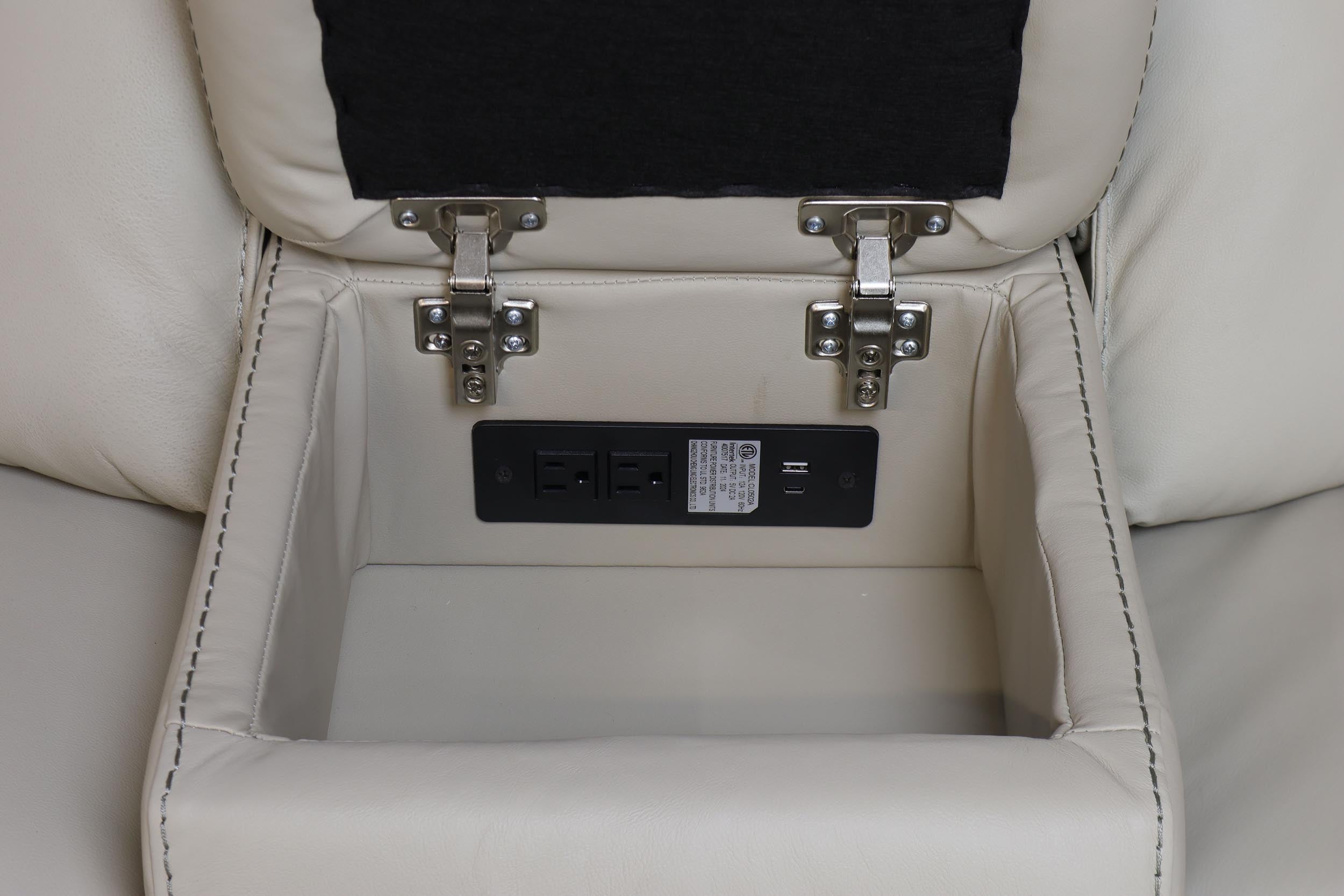 Cream Leather Power Reclining Motion Sectional with USB Ports