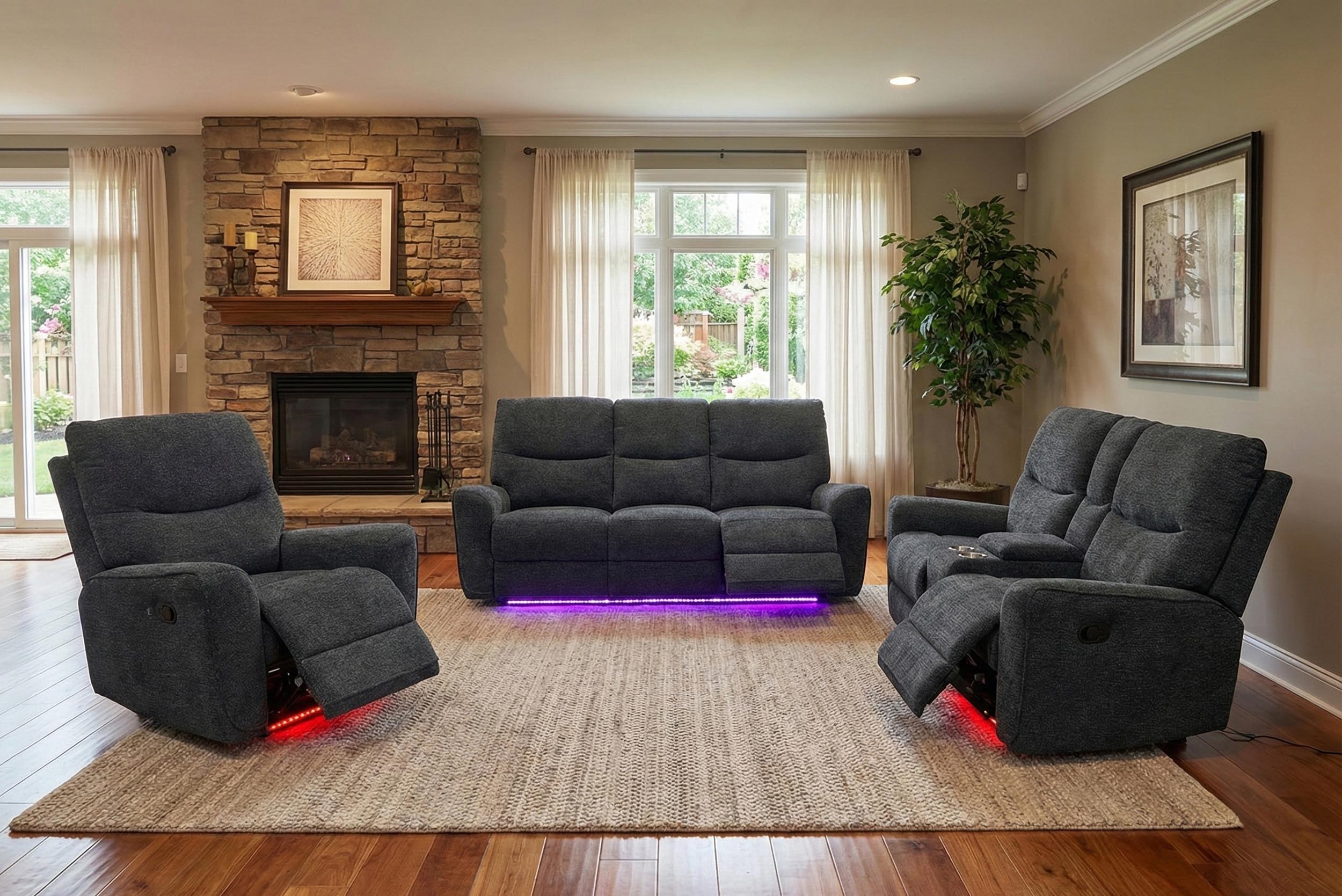 Anthracite 7 Color Changing LED Reclining Sofa and Loveseat