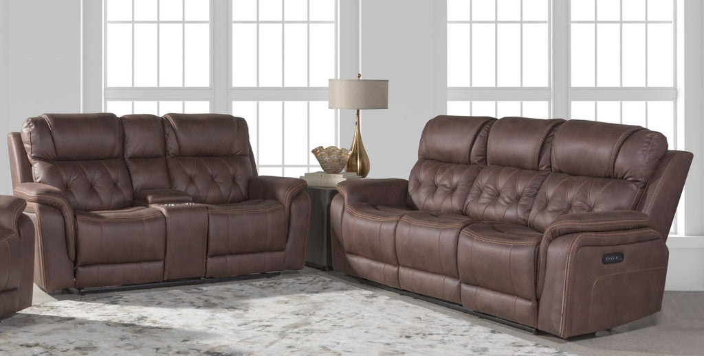 Mustang Walnut and Copper Power Reclining Sofa and Loveseat