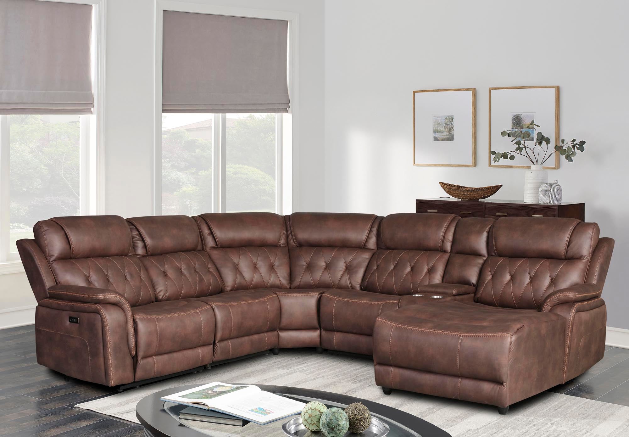 Mustang Walnut and Copper Power and Manual Reclining Chaise Sectional