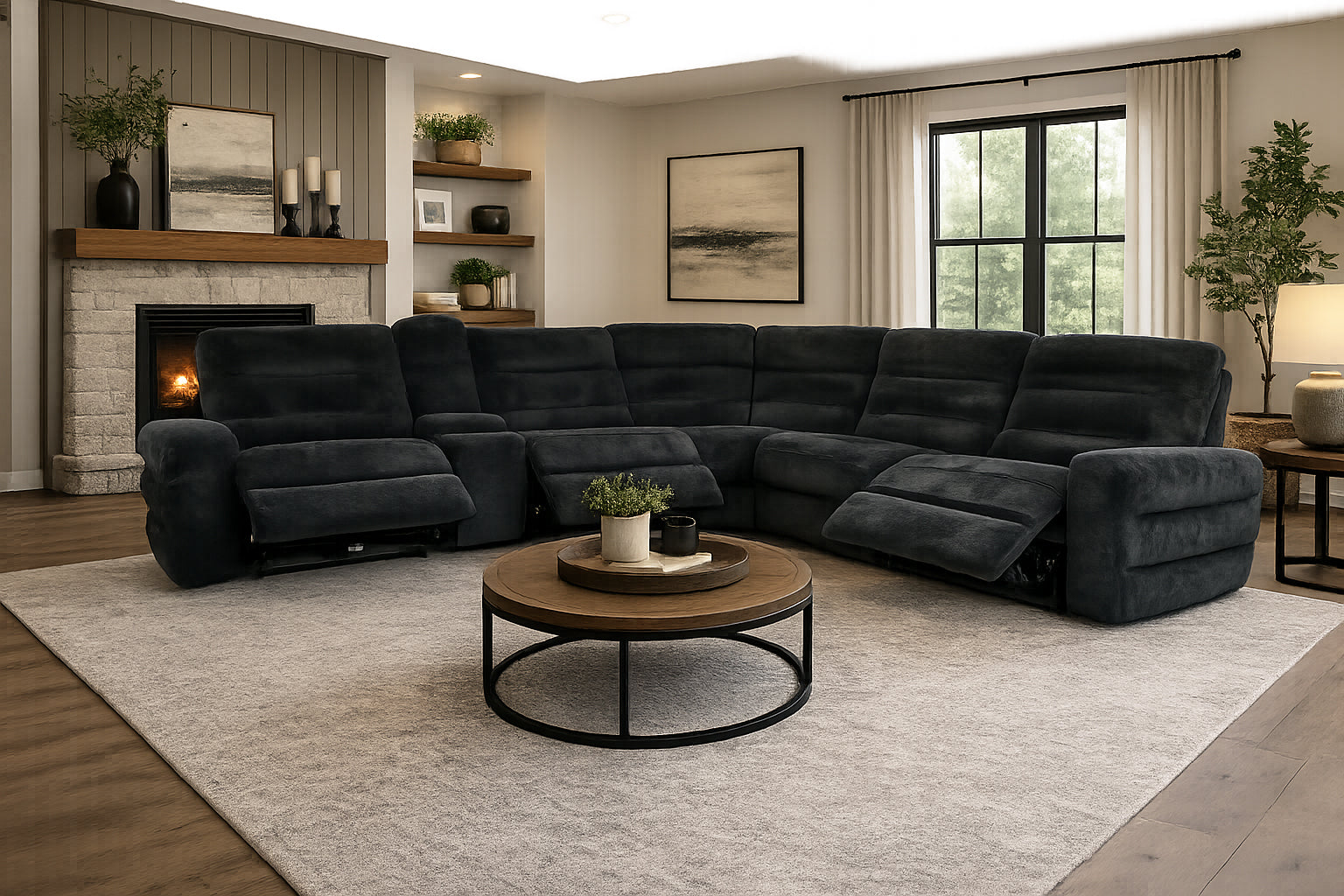 Black Soft Texture 6 Piece Dual Power Extra Large Sectional