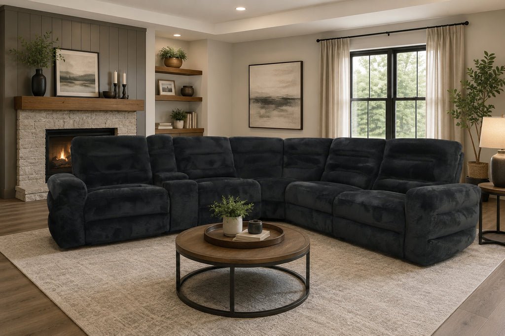 Black Soft Texture 6 Piece Dual Power Extra Large Sectional