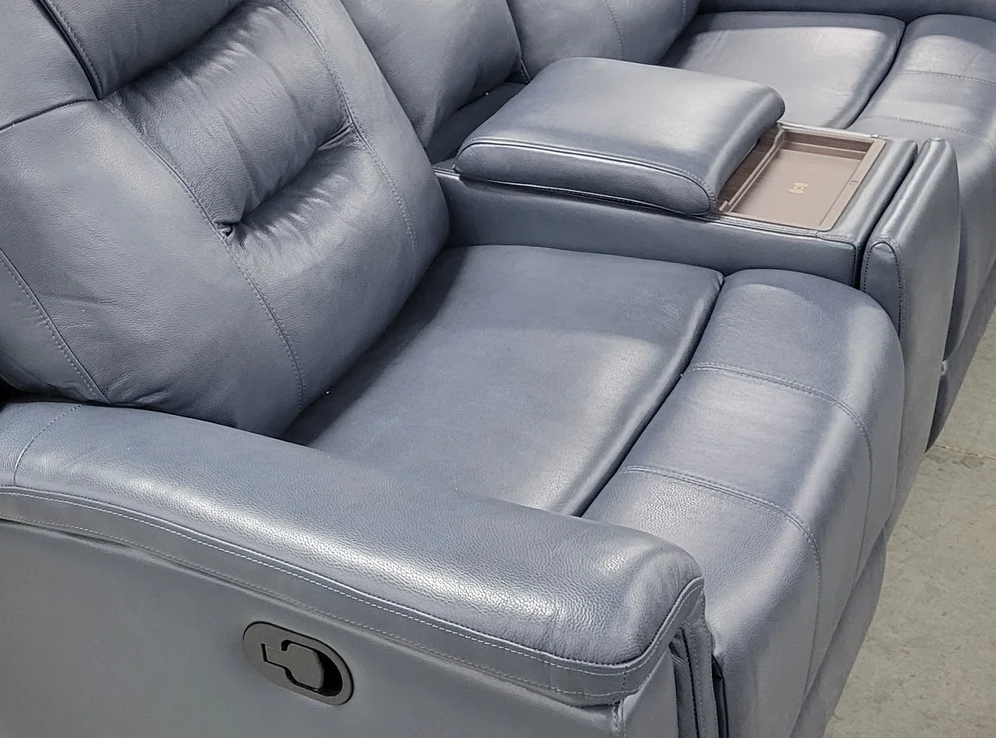 Navy Blue Leather Manual Reclining Sofa and Console USB Loveseat