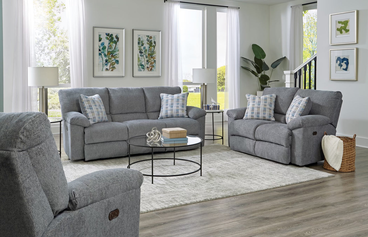 Stonewash Blue Reclining Sofa and Loveseat