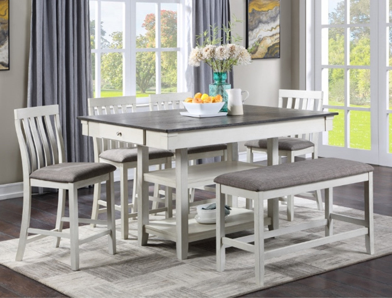 Chalk White and Gray Counter Storage Dining Set