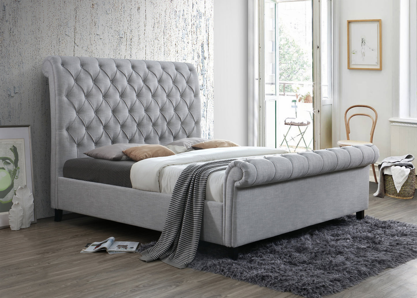 Tufted Gray Sleigh Upholstered Bed