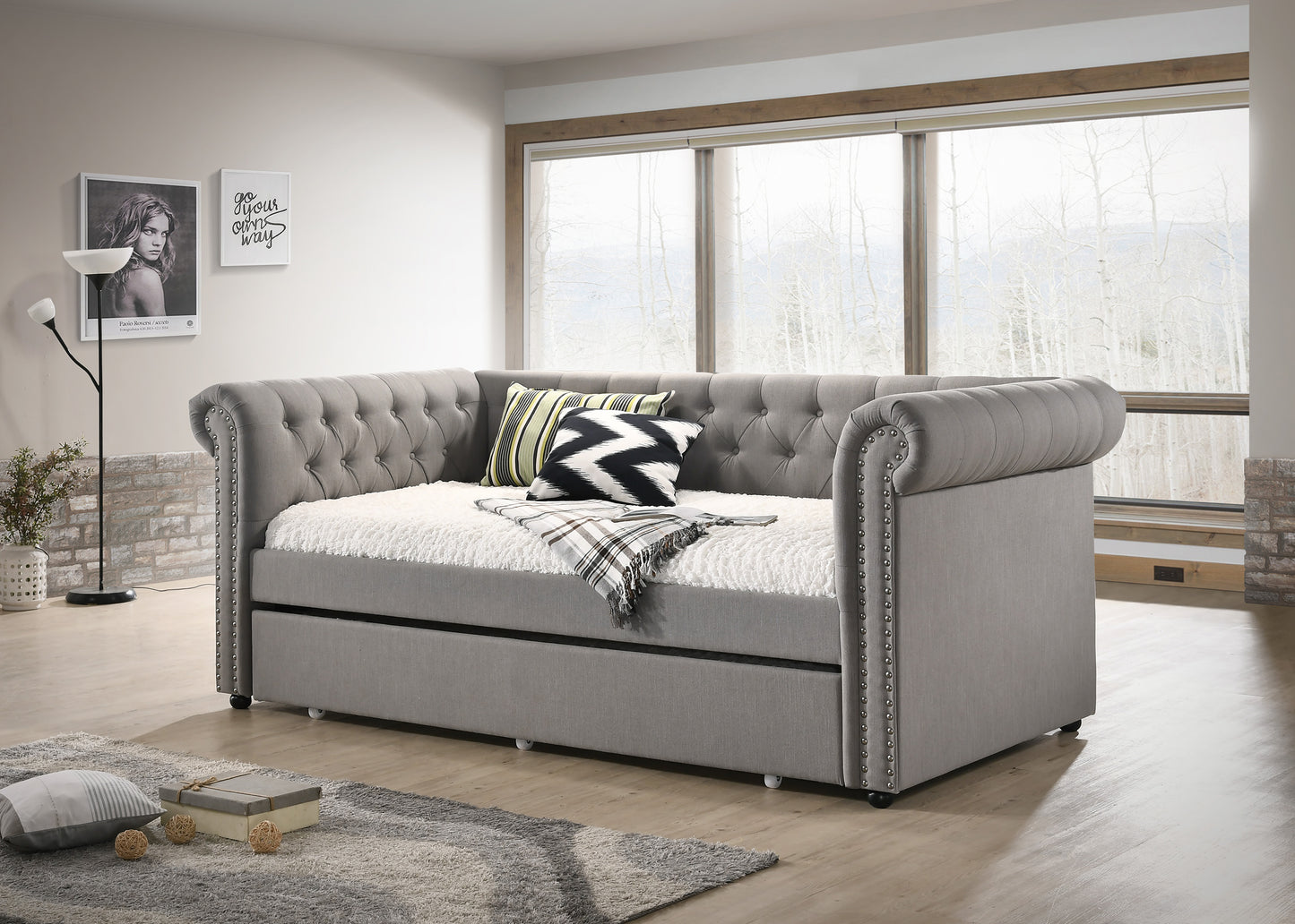 Gray Rolled Arm Trundle Daybed