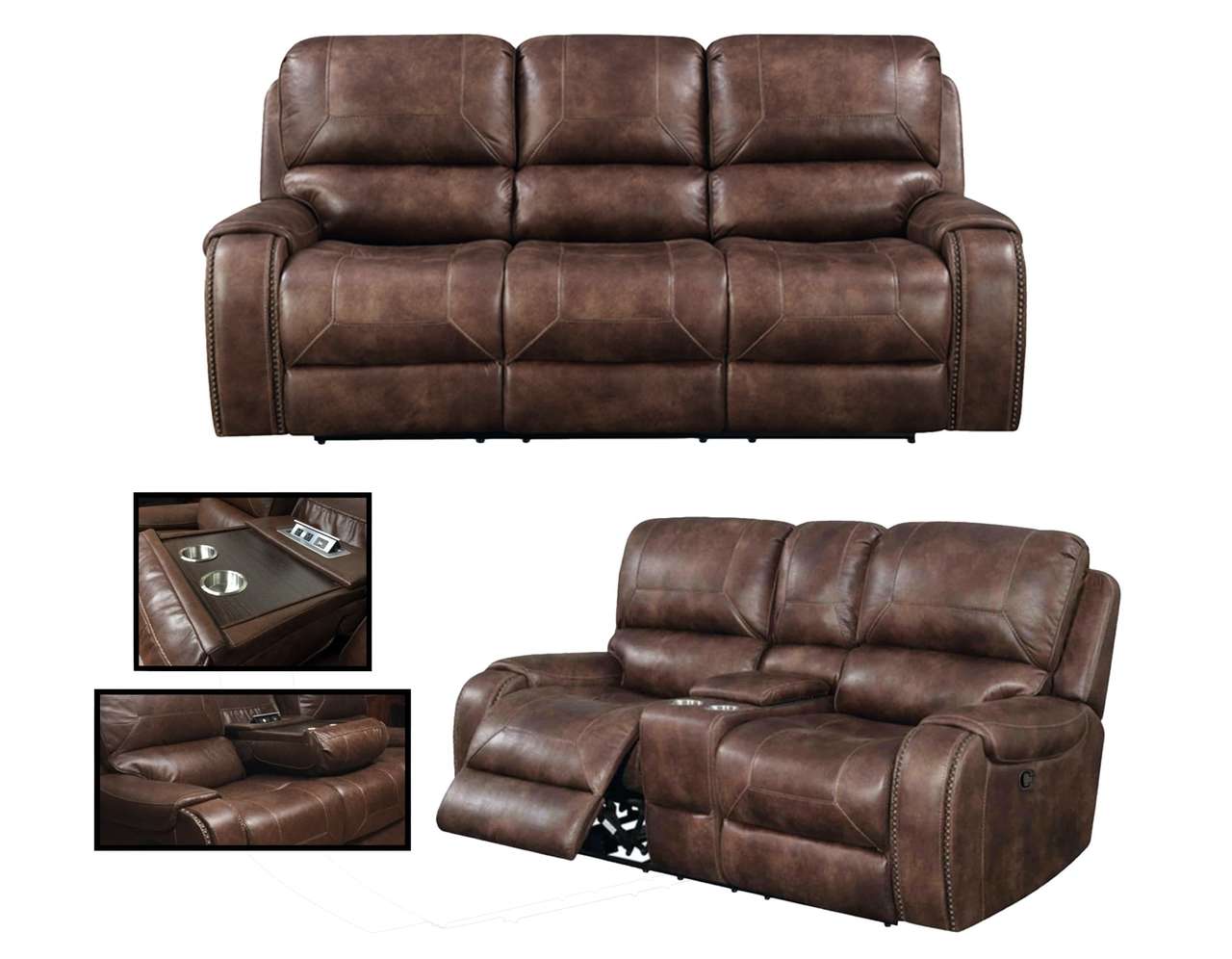 Avalanche Brown USB Reclining Sofa and Gliding Loveseat